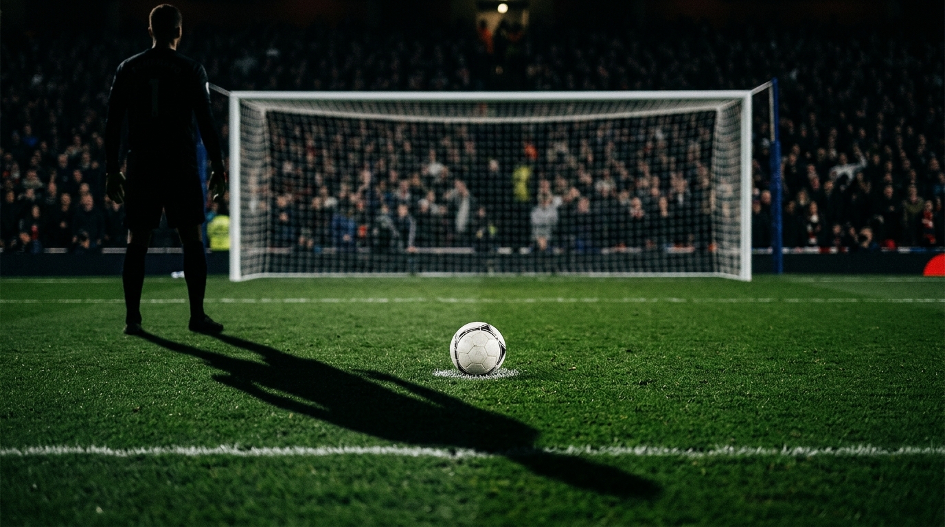 Football on the penalty spot under floodlights with goalkeeper's shadow
