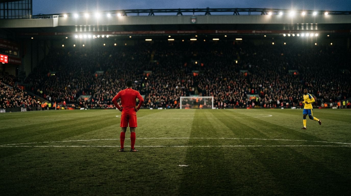 Anonymous players standing apart on a floodlit pitch during an evenly matched evening fixture