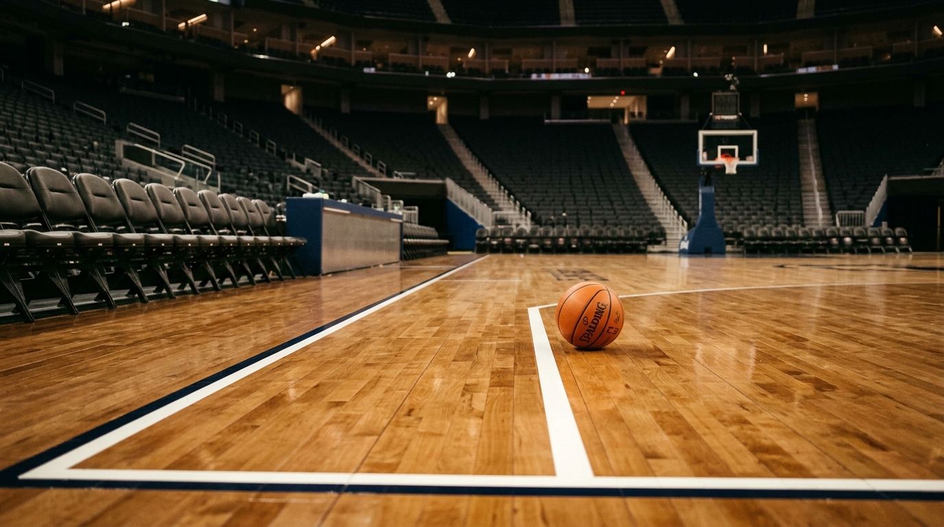 Empty basketball court at a modern arena before an NBA preseason game