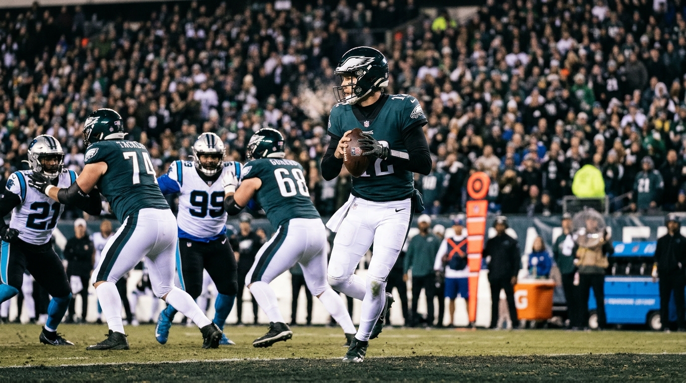 Generic quarterback in green and white drops back under pressure from a blue and black defense under stadium lights