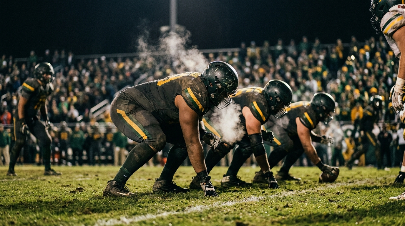 Offensive line set at the line of scrimmage under night floodlights on a grass NFL field