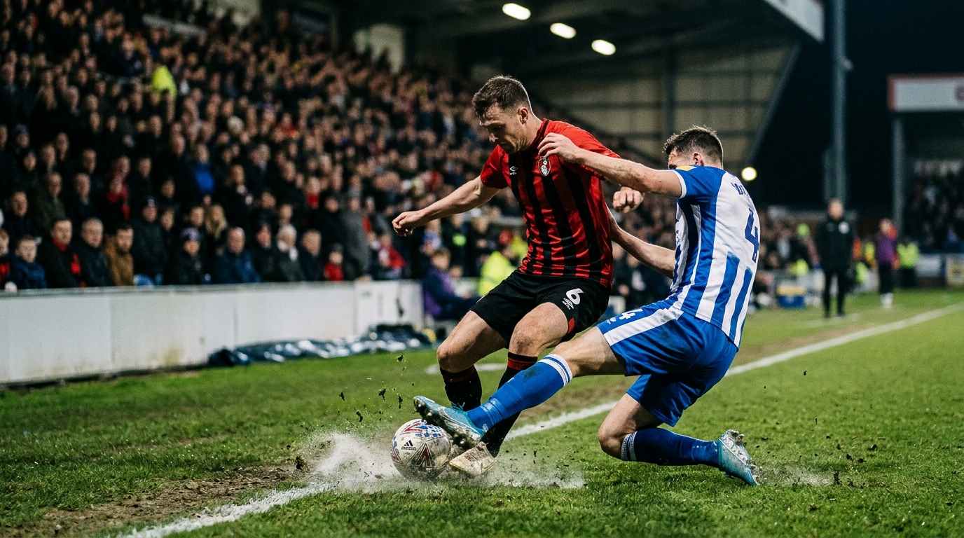 Two players in plain red and black and blue and white kits contesting a loose ball under floodlights