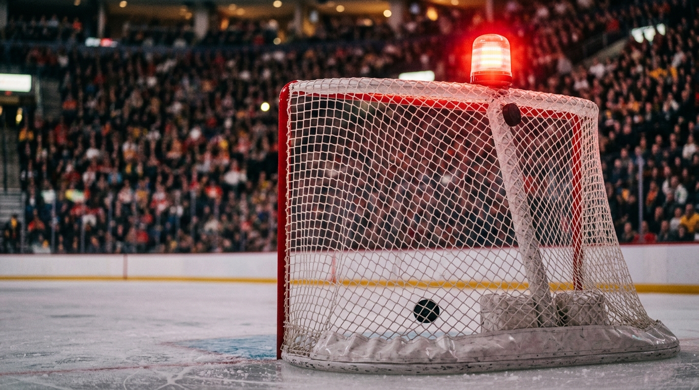 Hockey puck in the net with goal light flashing.