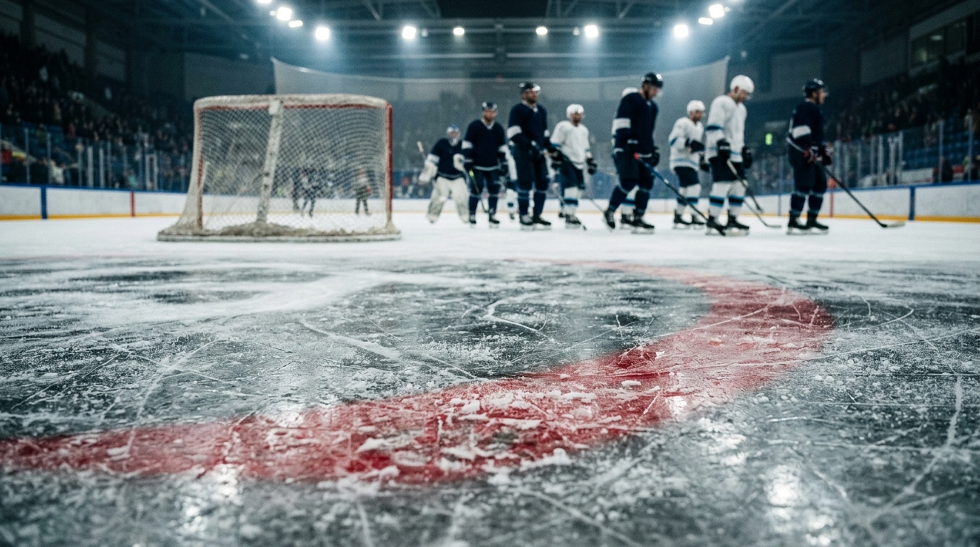 Scuffed ice and goal crease after a hockey match with players skating away in the background
