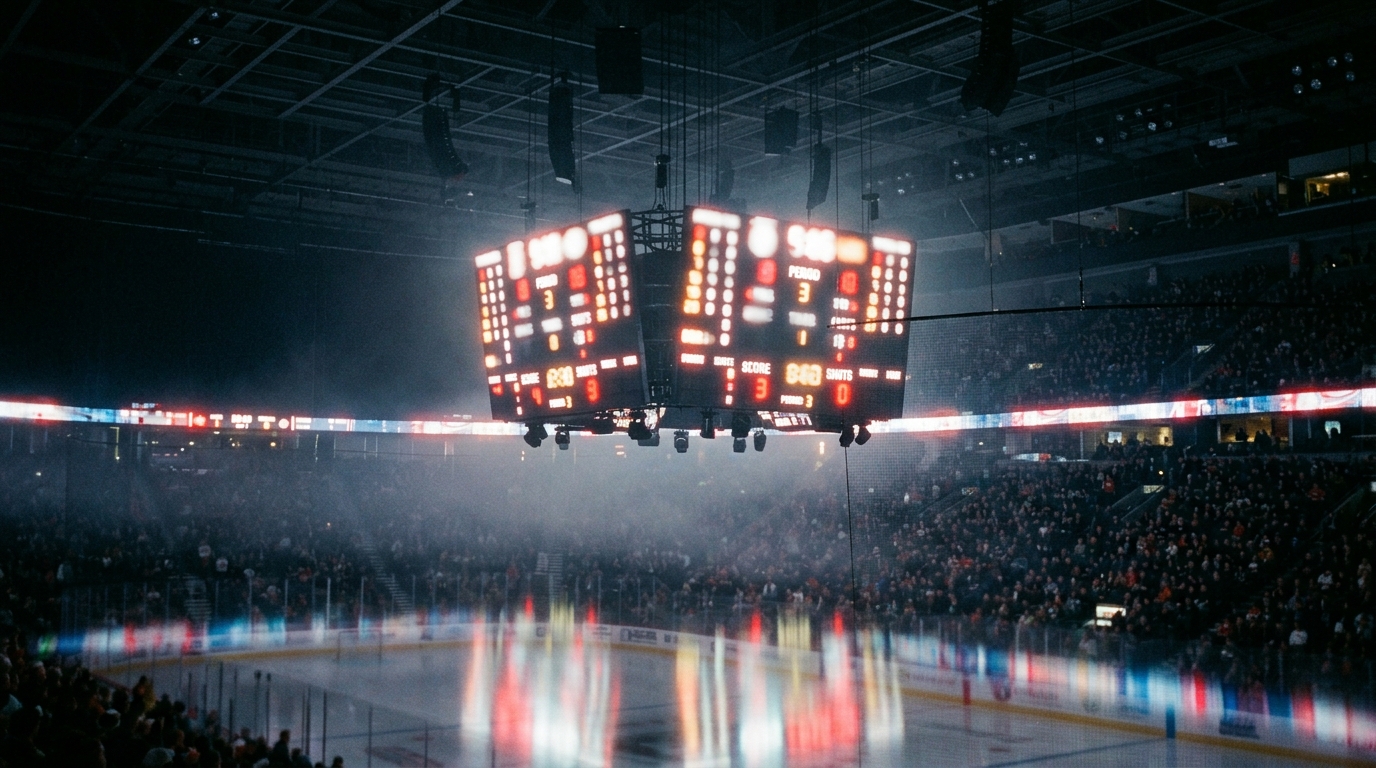 Glowing hockey scoreboard above the ice in a darkened arena
