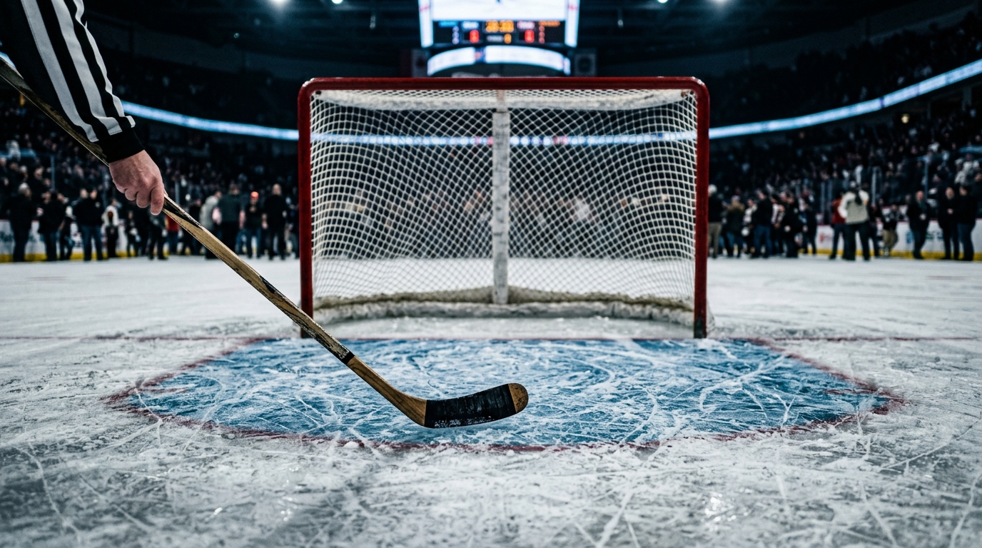 Marked ice in front of a goal crease after a professional hockey match