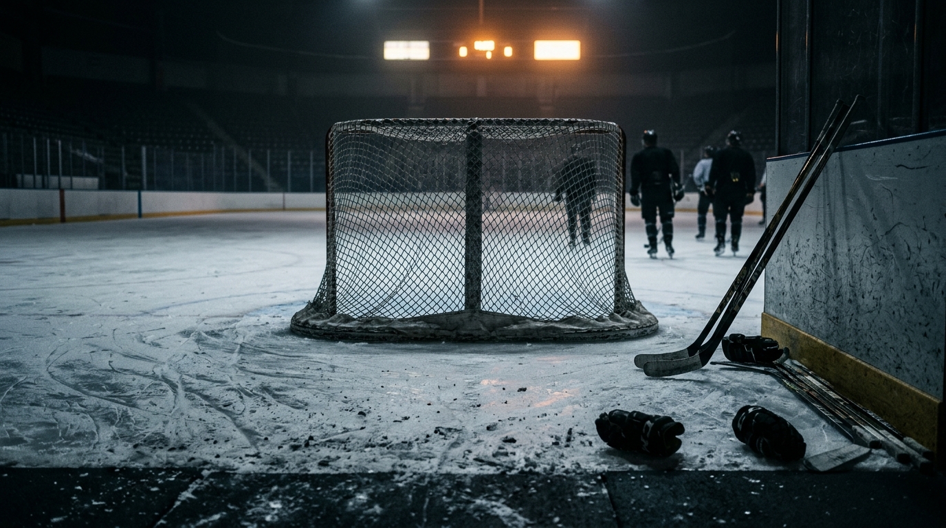 Ice surface and goal net after a hockey match with players blurred in the background