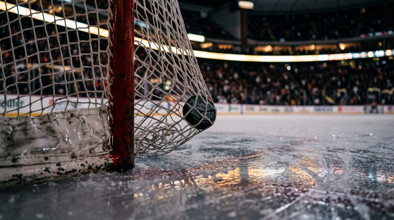 Hockey puck in goal net under stadium lights