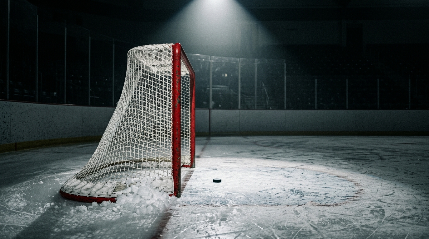 Hockey goal net and crease area with a puck on the goal line under arena spotlights