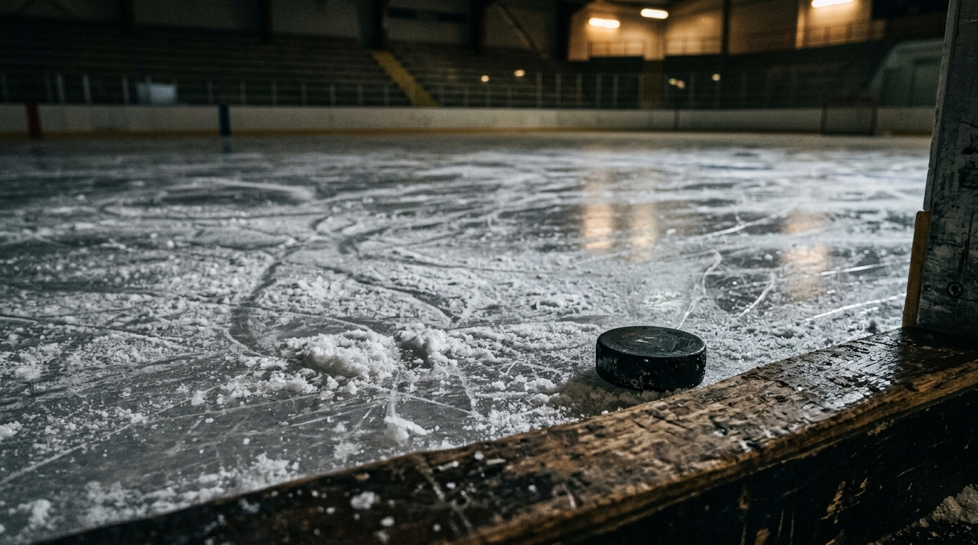 Close-up of scuffed ice with a puck near the boards after a hockey match