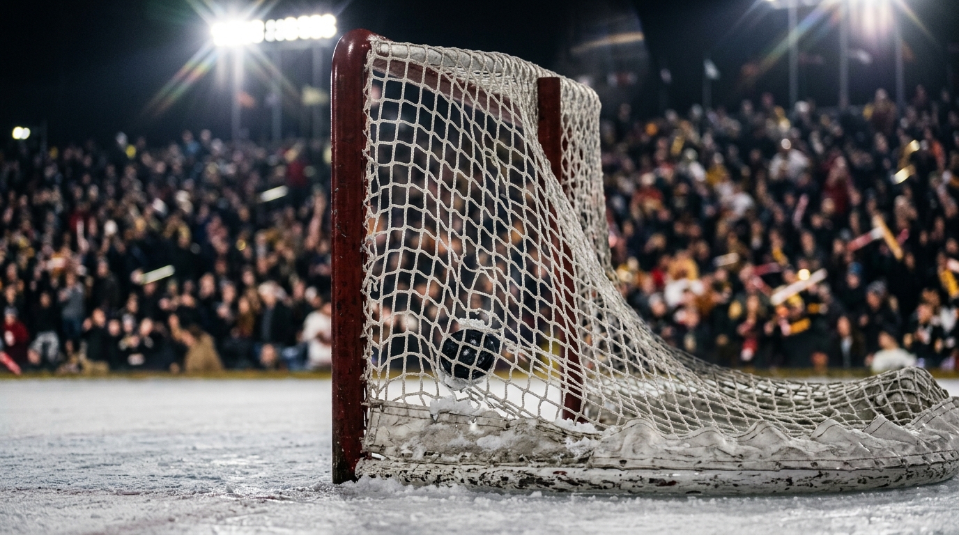 Hockey puck in the net under stadium lights