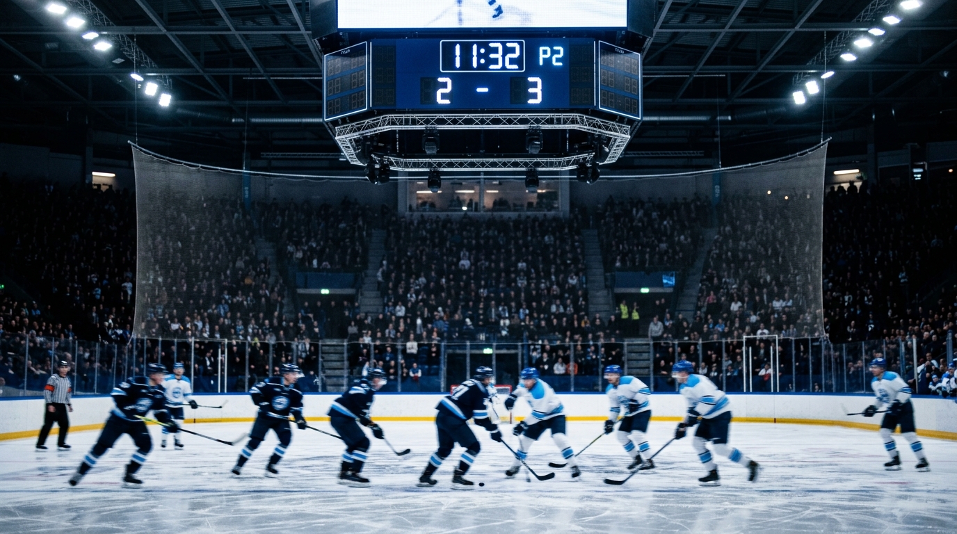 Glowing scoreboard above the ice in a packed hockey arena.