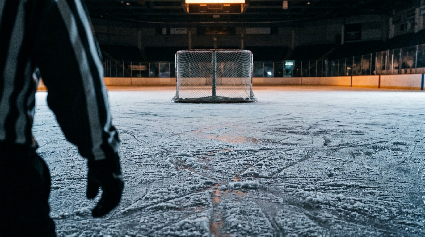 Ground-level view of marked-up ice and arena boards after a hockey game ends