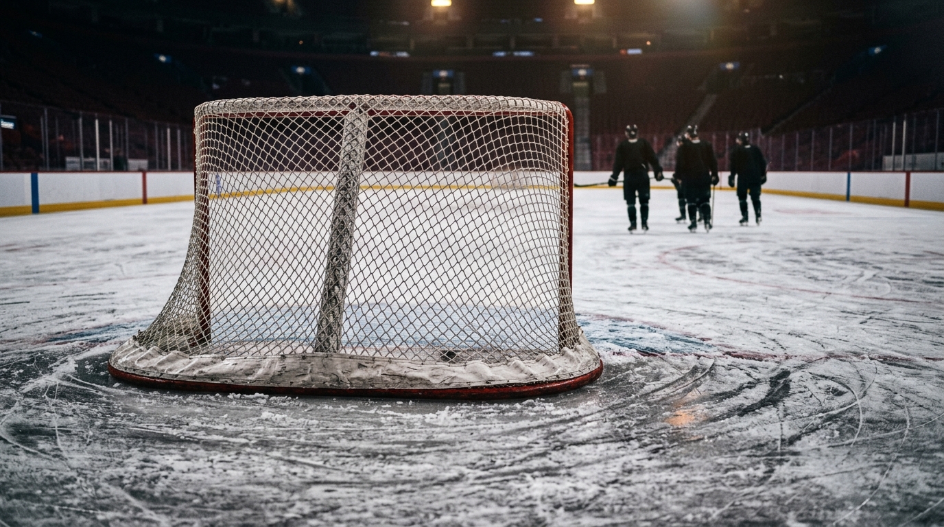 Hockey net and marked ice surface after a game, with blurred players leaving the rink