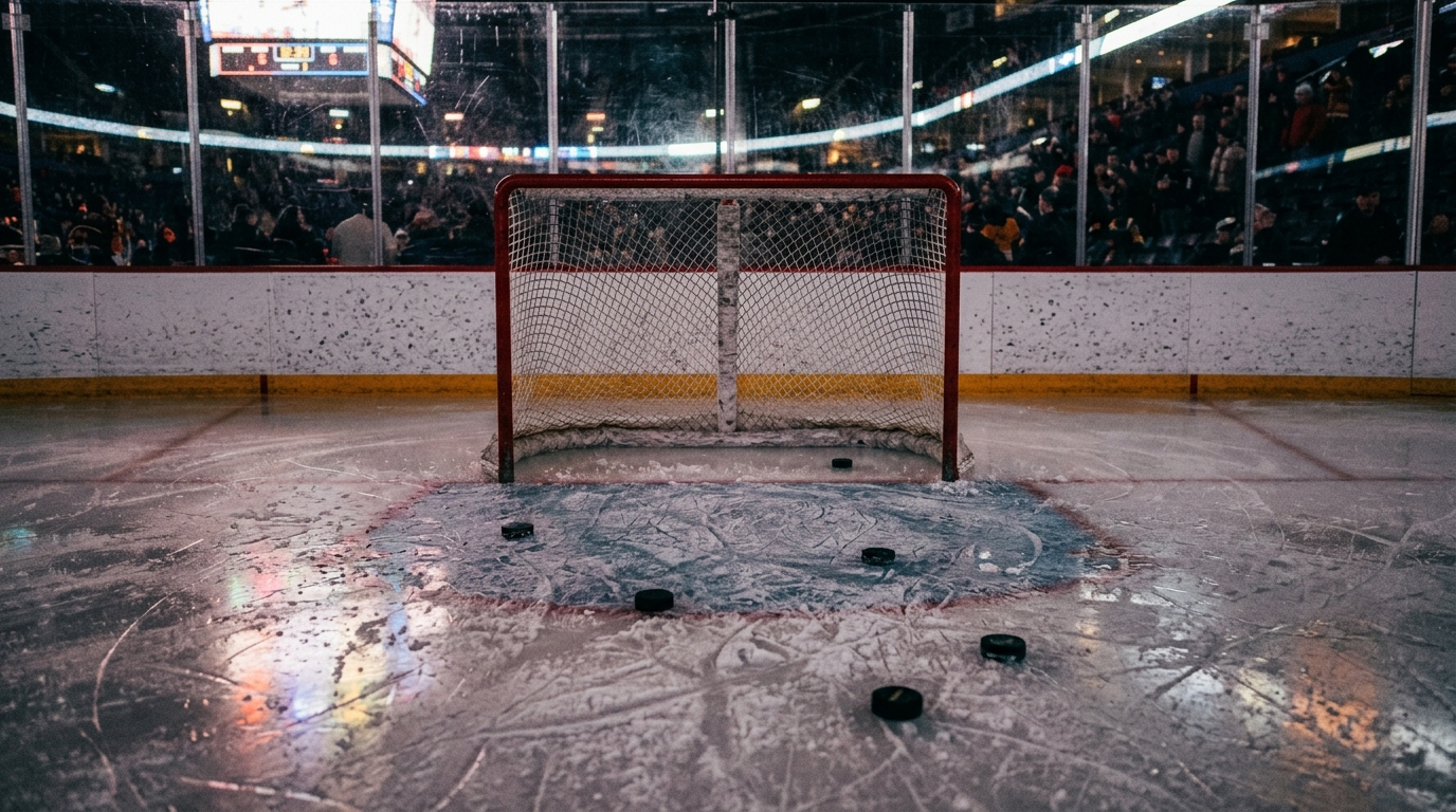 Scuffed hockey crease and net on the ice after a completed game