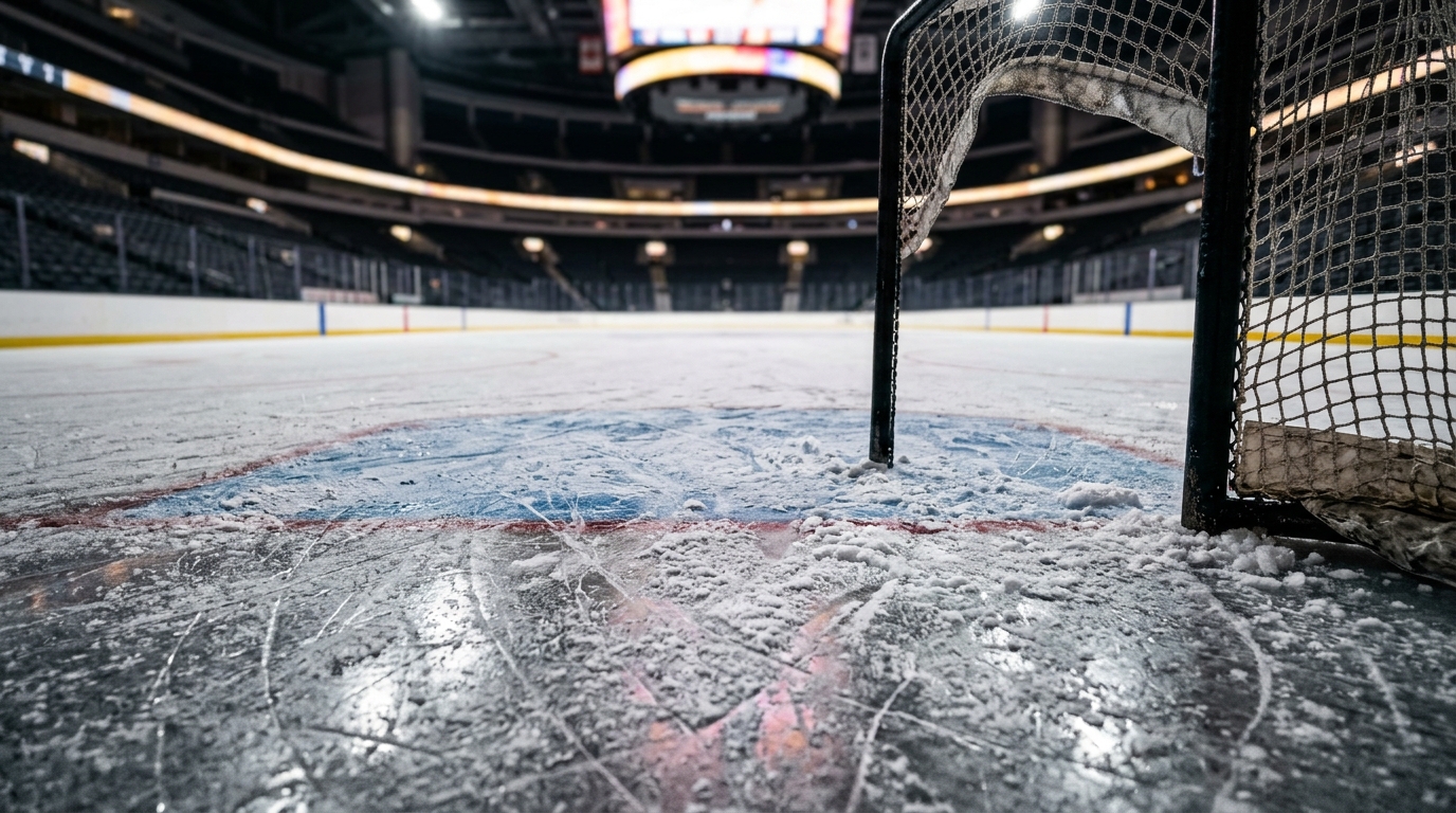Scuffed ice and loose snow near a goal crease after a hockey game