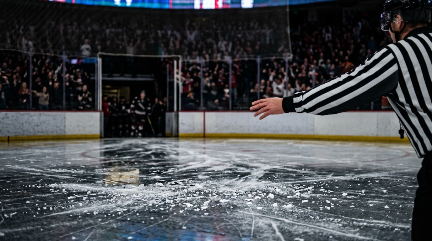 Referee gesturing on the ice after full time with scoreboard reflection