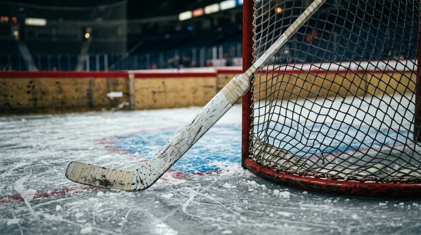Hockey net and goalie stick on the ice after a match