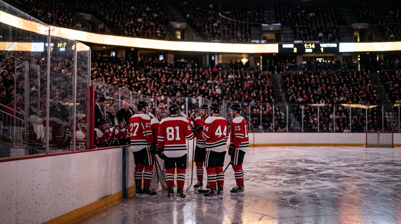Hockey players in unbranded jerseys gathered near the bench under arena lights