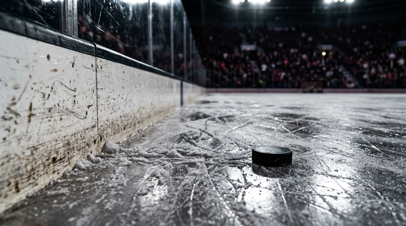 Scuffed ice surface with a puck near the boards after an NHL game
