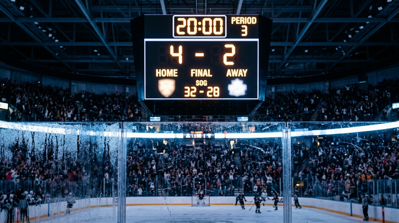 Glowing arena scoreboard at full time with blurred crowd in the foreground.