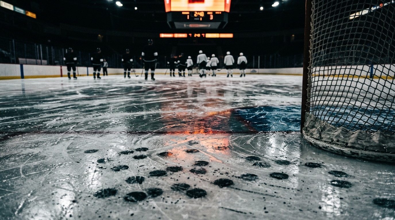 Scratched ice and puck marks near the crease after a hockey game