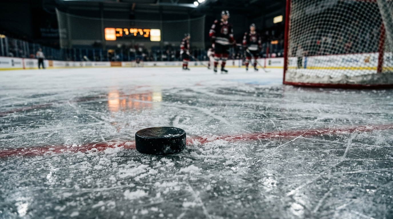 Loose puck on scuffed ice after the final horn with blurred generic players in the background