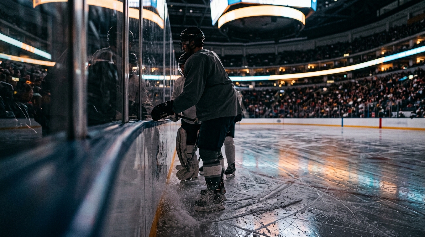 Ice-level view along the boards of a professional hockey rink with spray on the ice and scoreboard glow