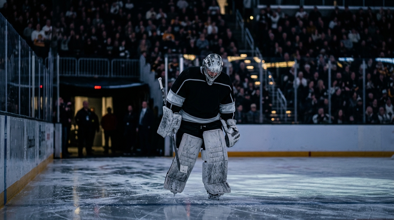 A hockey goalie skating off the ice after a game, head down, with arena lights blurred behind.