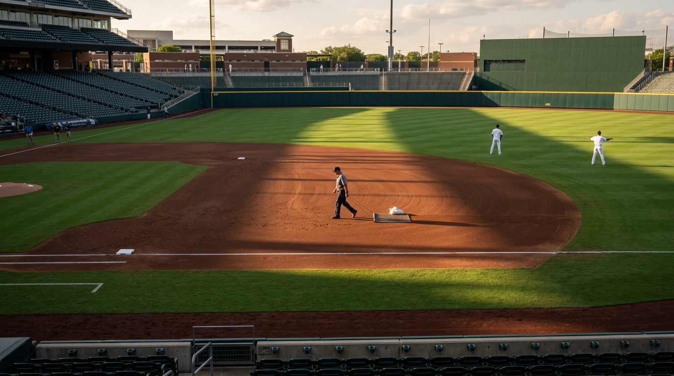 Wide view of a baseball infield during pre-game warmups with fielders stretching in the outfield