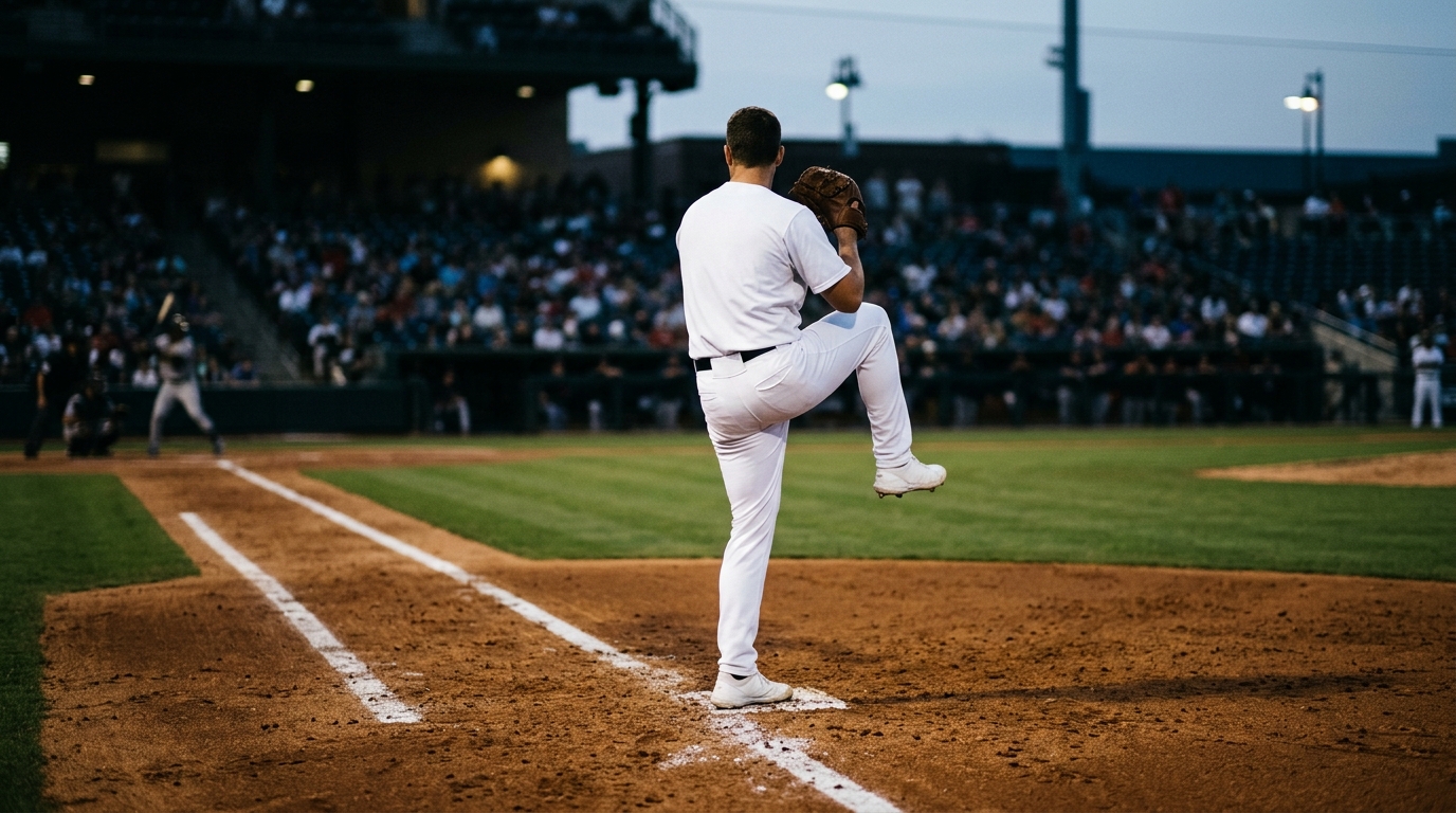 Pitcher mid-windup on the mound under evening stadium lights with the batter blurred in the background