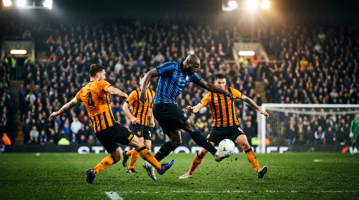 Striker in blue-and-black kit shooting under floodlights as defenders close in during a night match