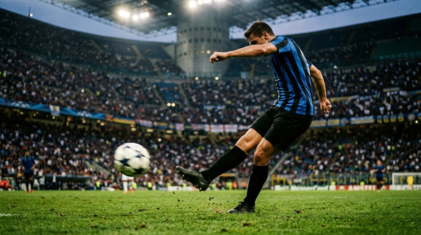 Generic footballer in blue and black stripes striking the ball under floodlights in a packed stadium
