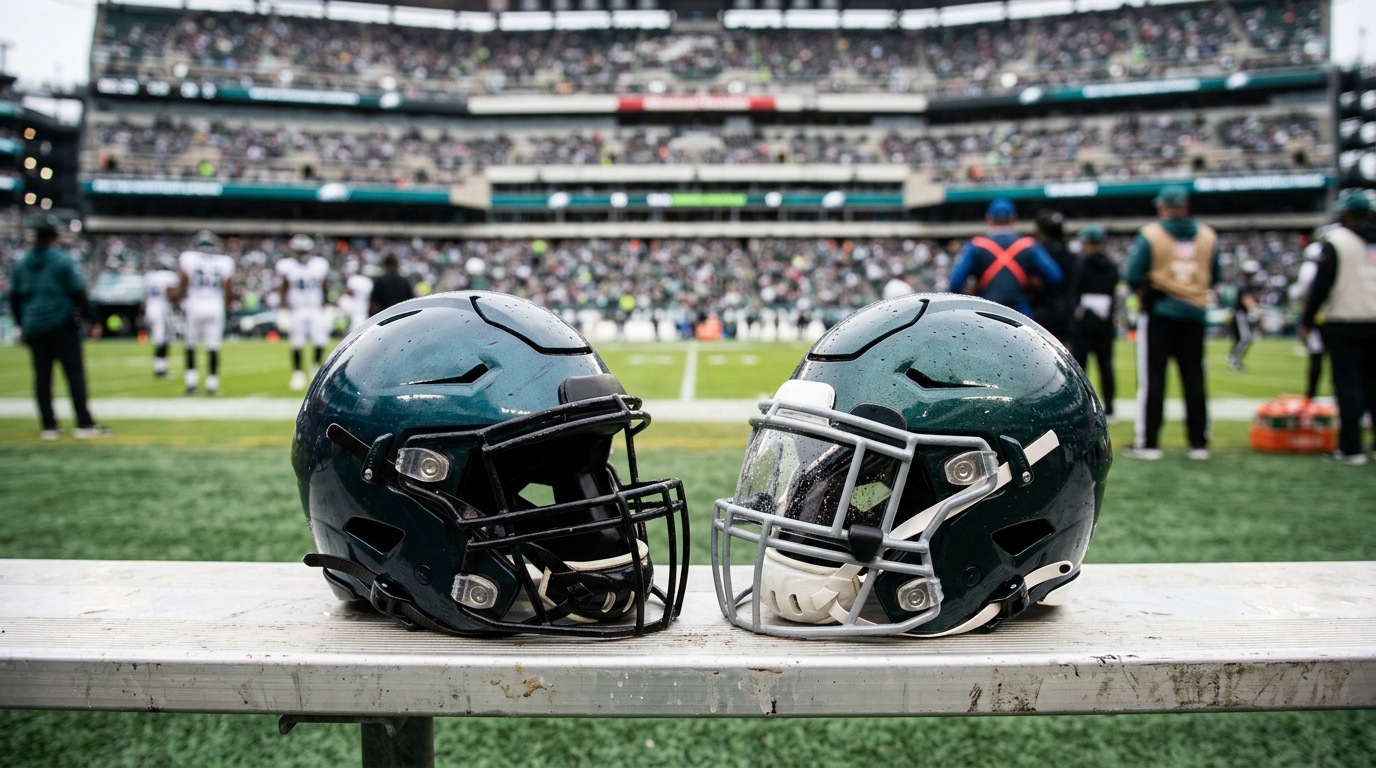 Two NFL helmets side by side on a sideline bench before a London regular-season game