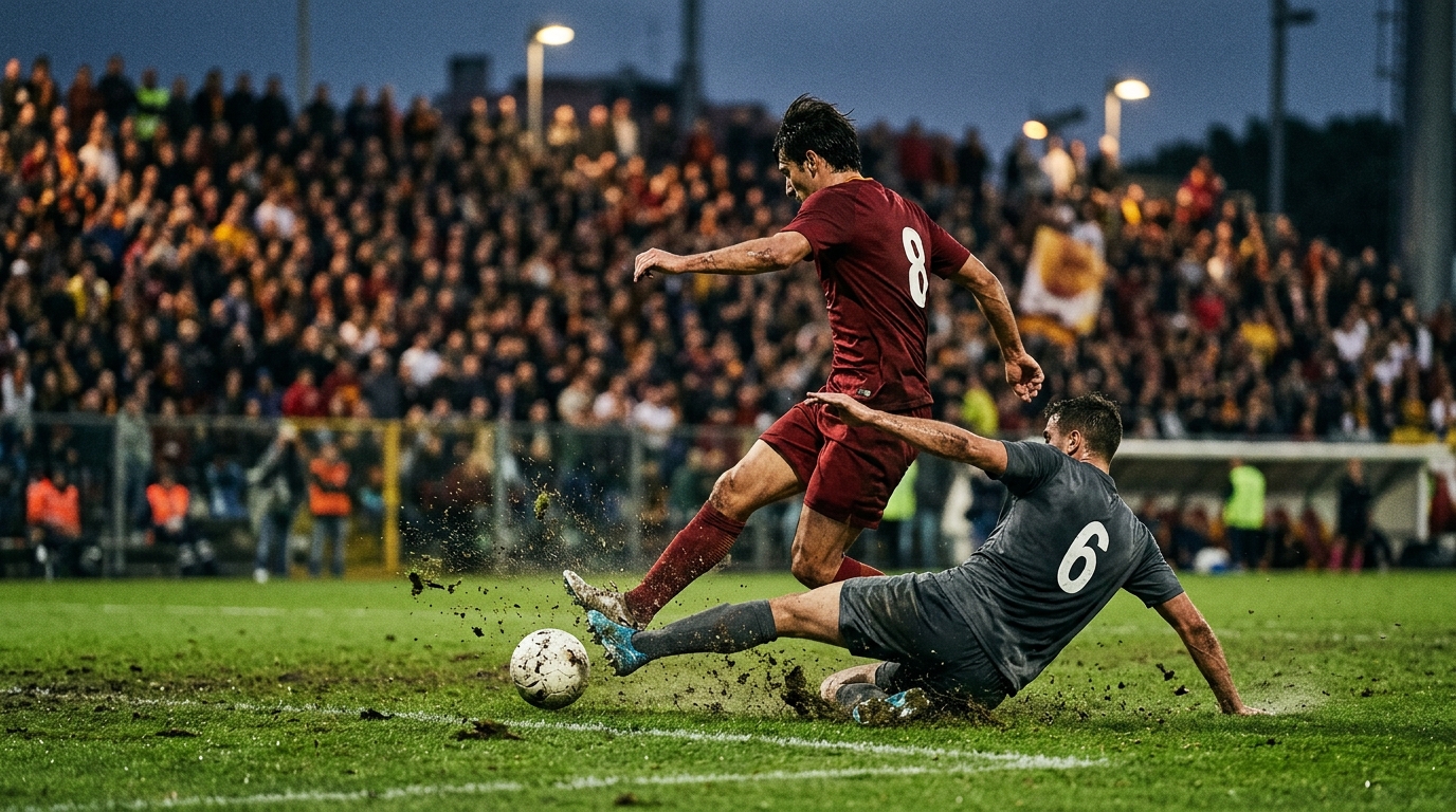 Two players contesting a loose ball in a floodlit Serie A match