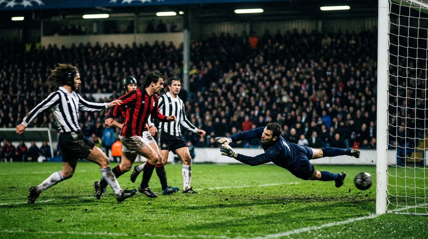 Goalkeeper diving to save a shot during a night football match