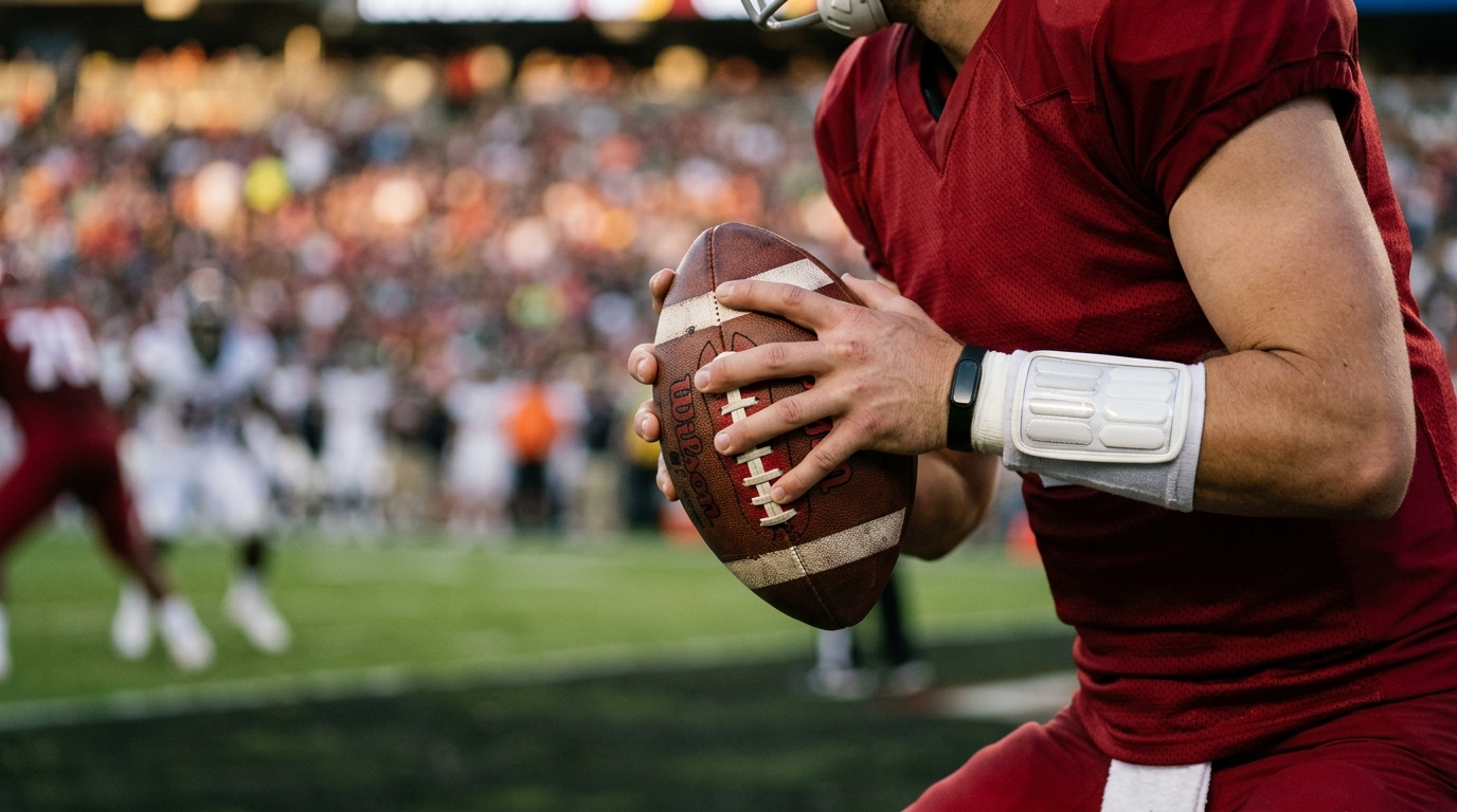 Close-up of a quarterback's hands holding a football before the snap, with stadium lights blurred behind.