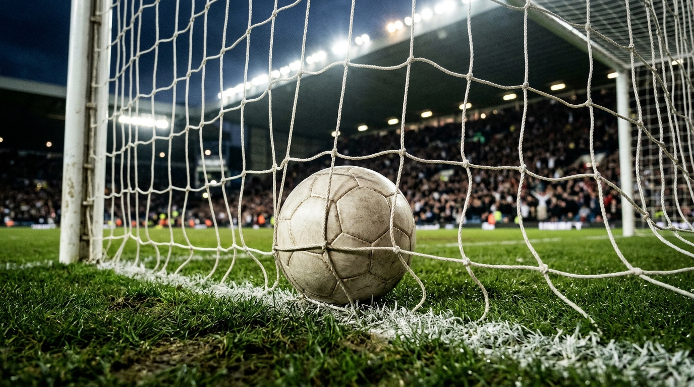 Football in the net under floodlights, symbolising a narrow away win