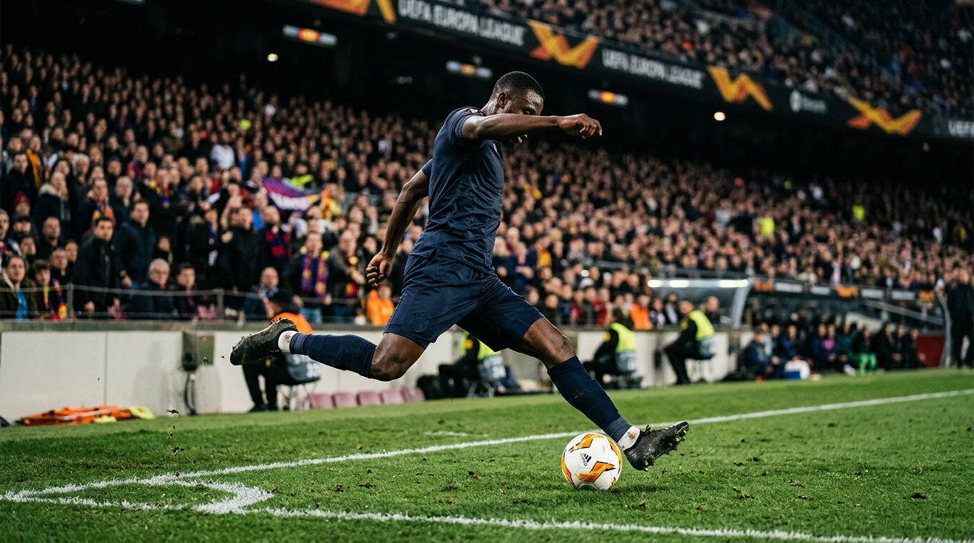 Footballer in a dark away kit striking the ball under floodlights during a European away match