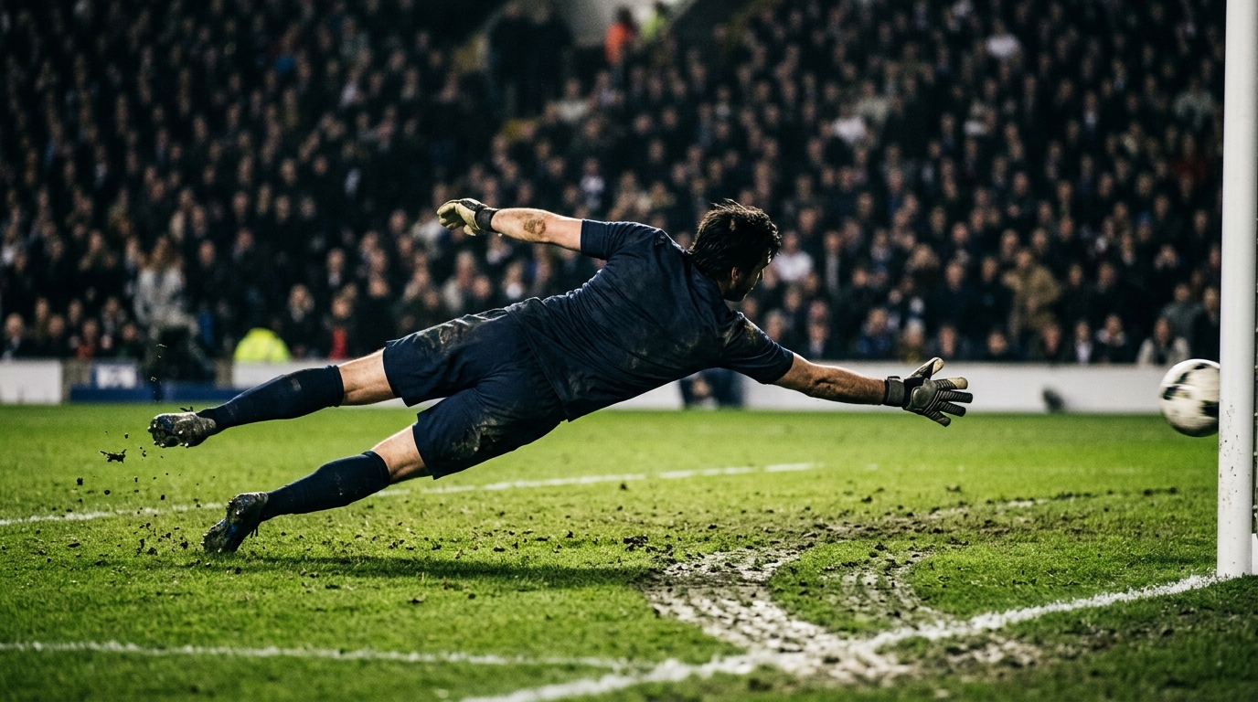 Goalkeeper diving in a floodlit penalty area during a night match