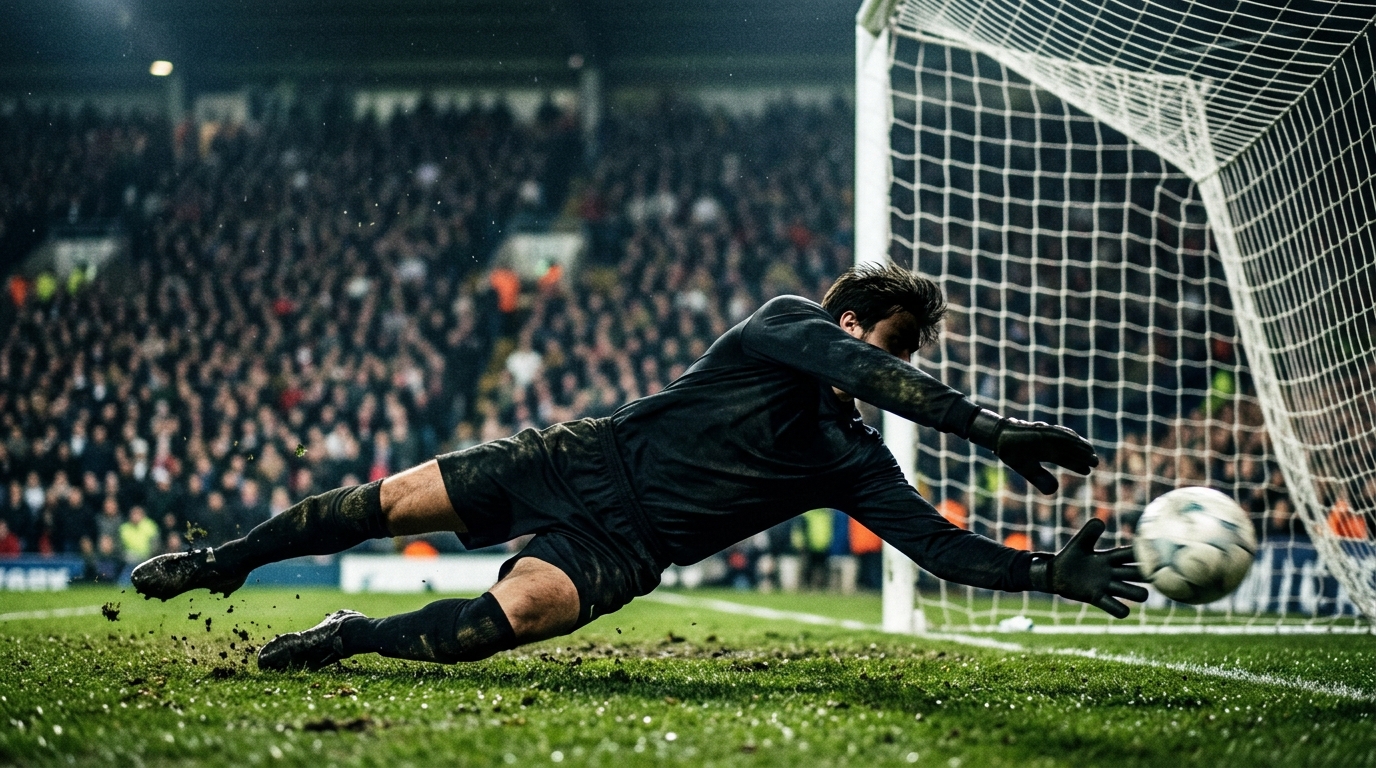 Goalkeeper diving to save a low shot under floodlights