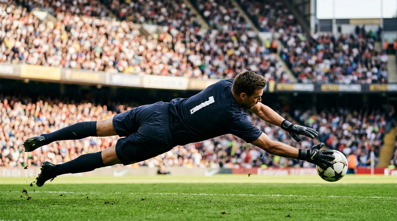 A goalkeeper in a dark kit dives to save a low shot during a football match.