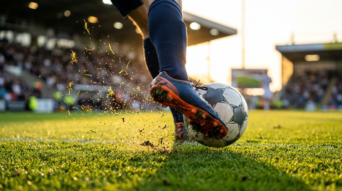 Football boot striking the ball on grass with stadium background