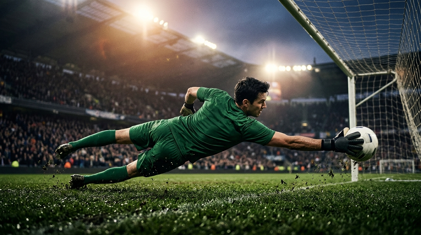 Generic goalkeeper diving to save a low shot under floodlights during a European night match