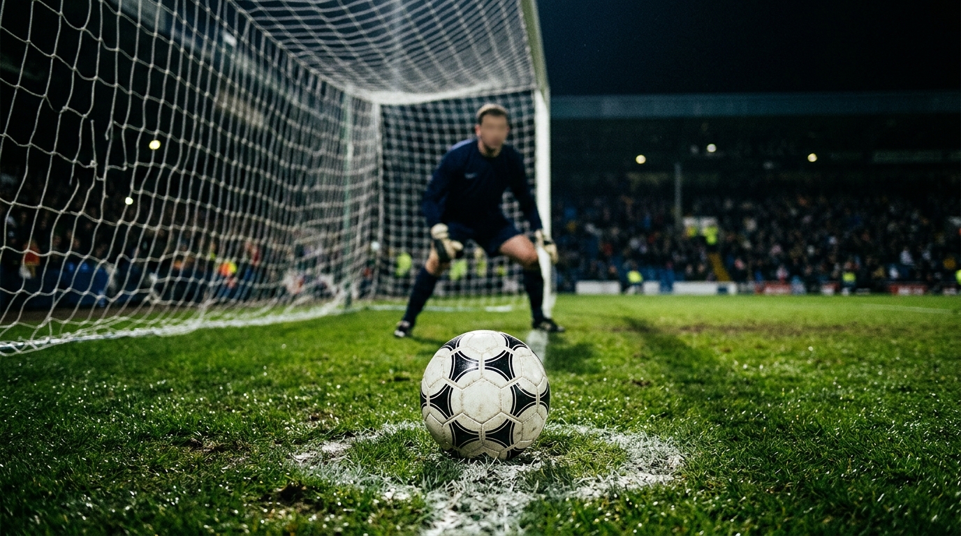 Football on the penalty spot under floodlights with a goalkeeper crouched in the background