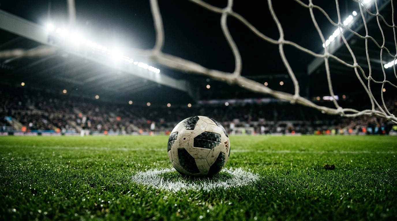 Football on the penalty spot under stadium floodlights, net blurred behind.
