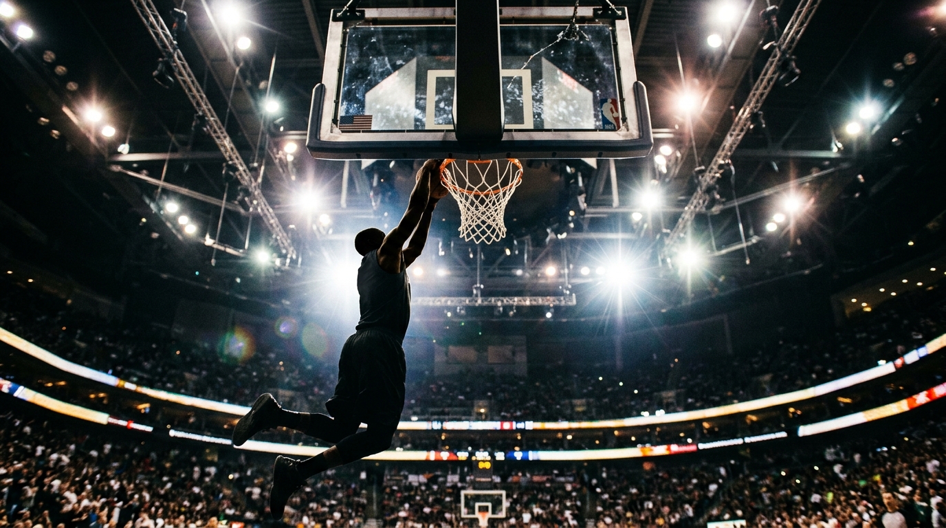 Low-angle view of a basketball hoop with a player silhouette jumping under arena lights