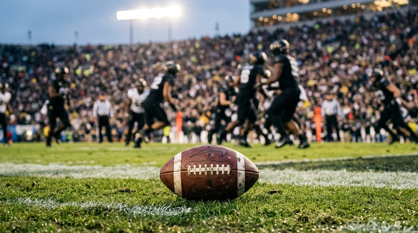 American football on the sideline under stadium floodlights