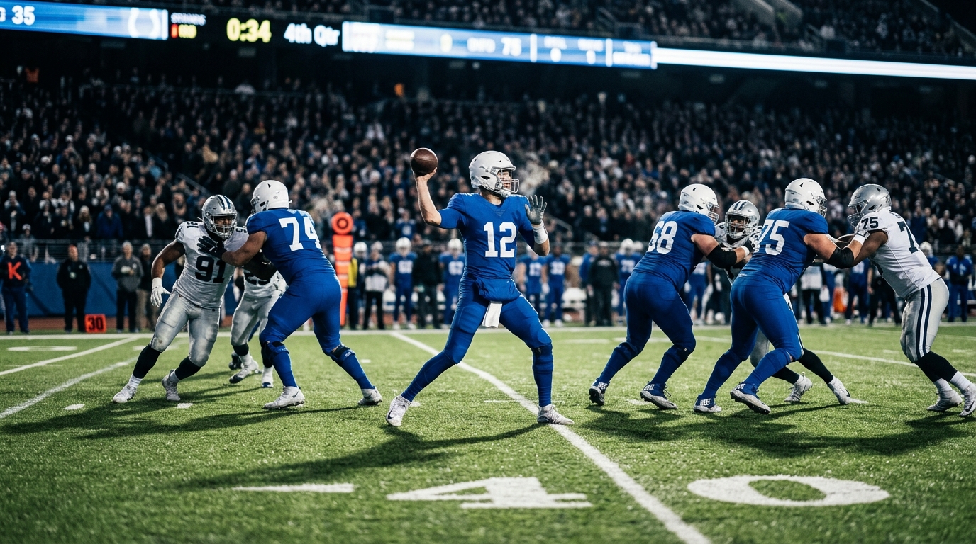 Quarterback dropping back to pass behind his offensive line under stadium lights during a night NFL game