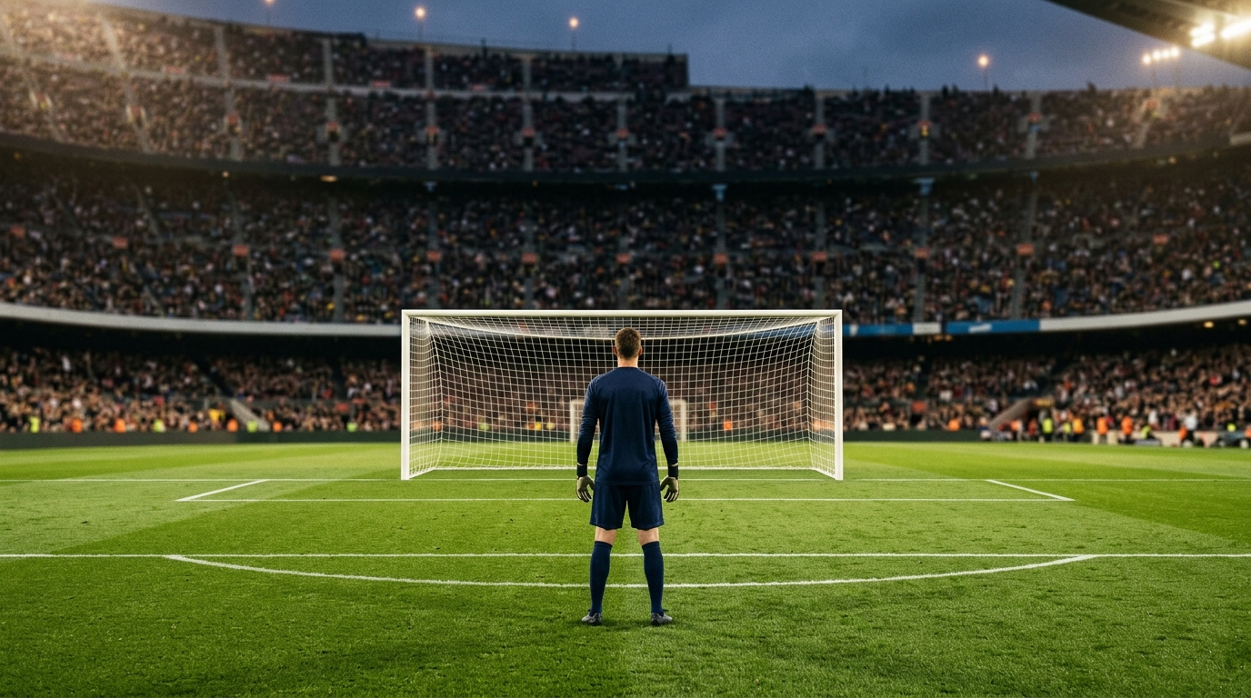 Goalkeeper standing in the penalty area before a Europa League match under floodlights